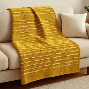 West Elm Mustard Textured Woven Throw Blanket 50x60 Cotton Slub Loop Yellow